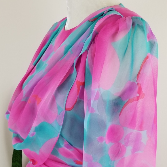 VTG 70s Miss Elliette Watercolor Chiffon Dress - Picture 7 of 14